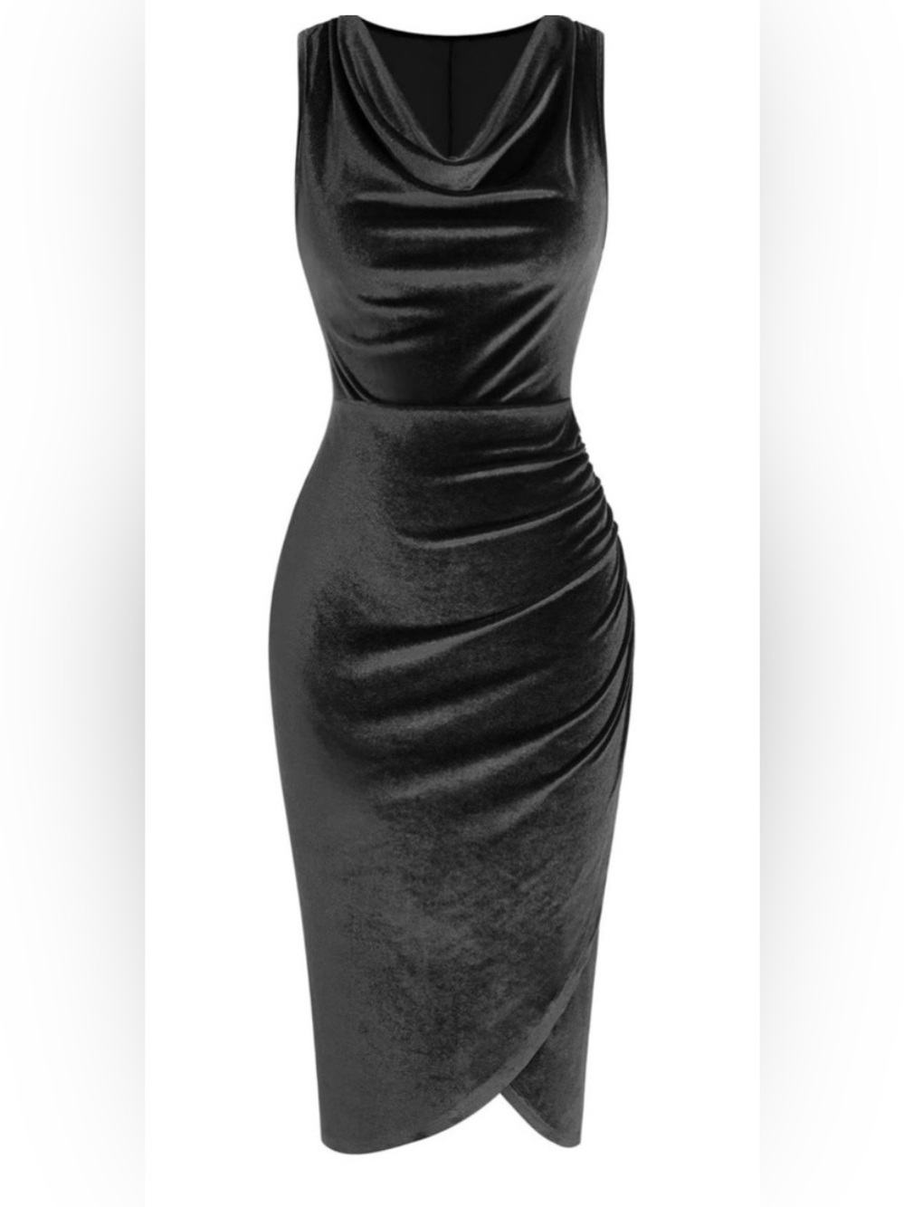Elegant Black Velvet Midi Dress with Draped Neckline